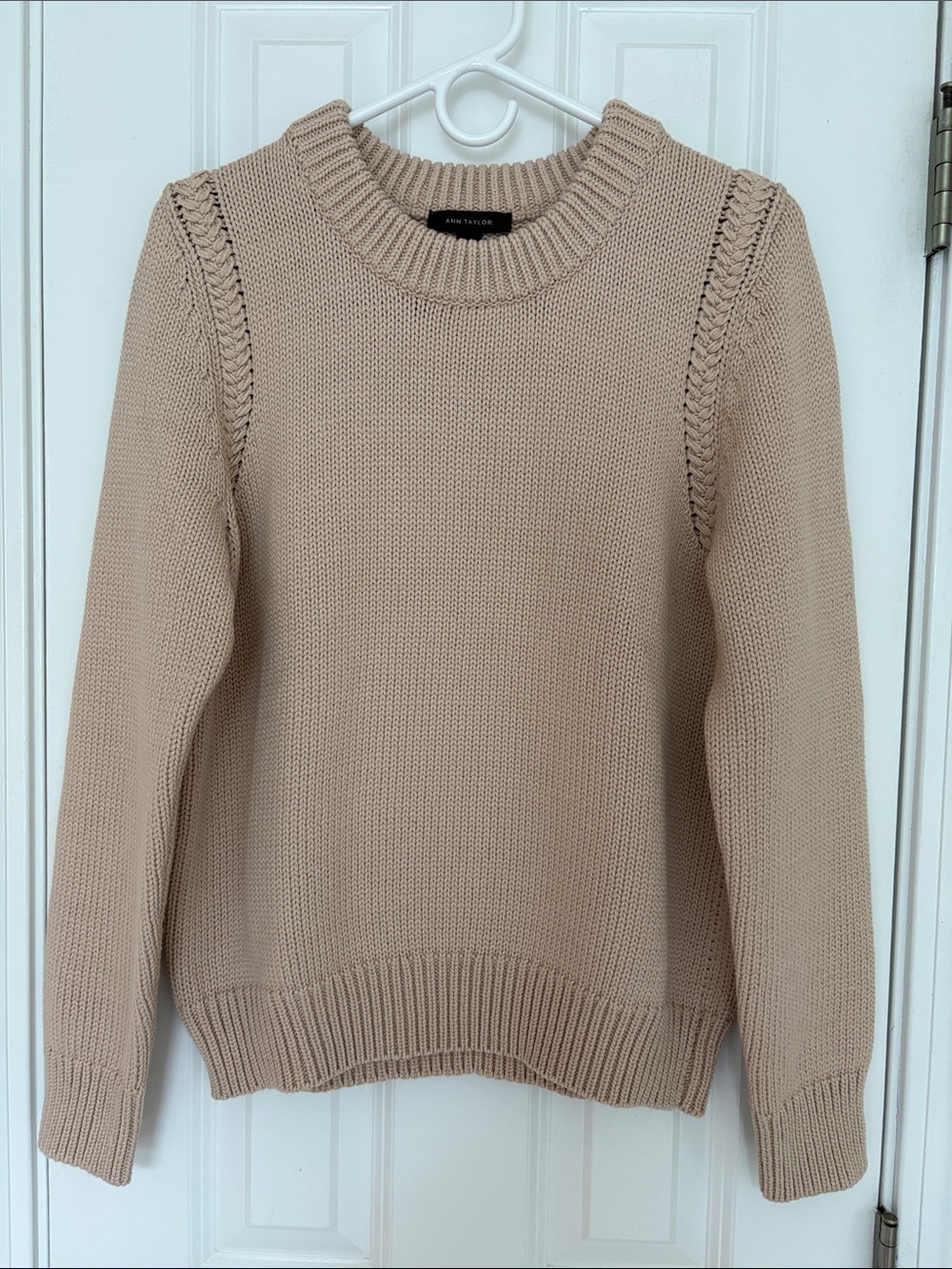 Ann Taylor Cotton Blend Beige Knit Crewneck Sweater with Intricate Knit Patter